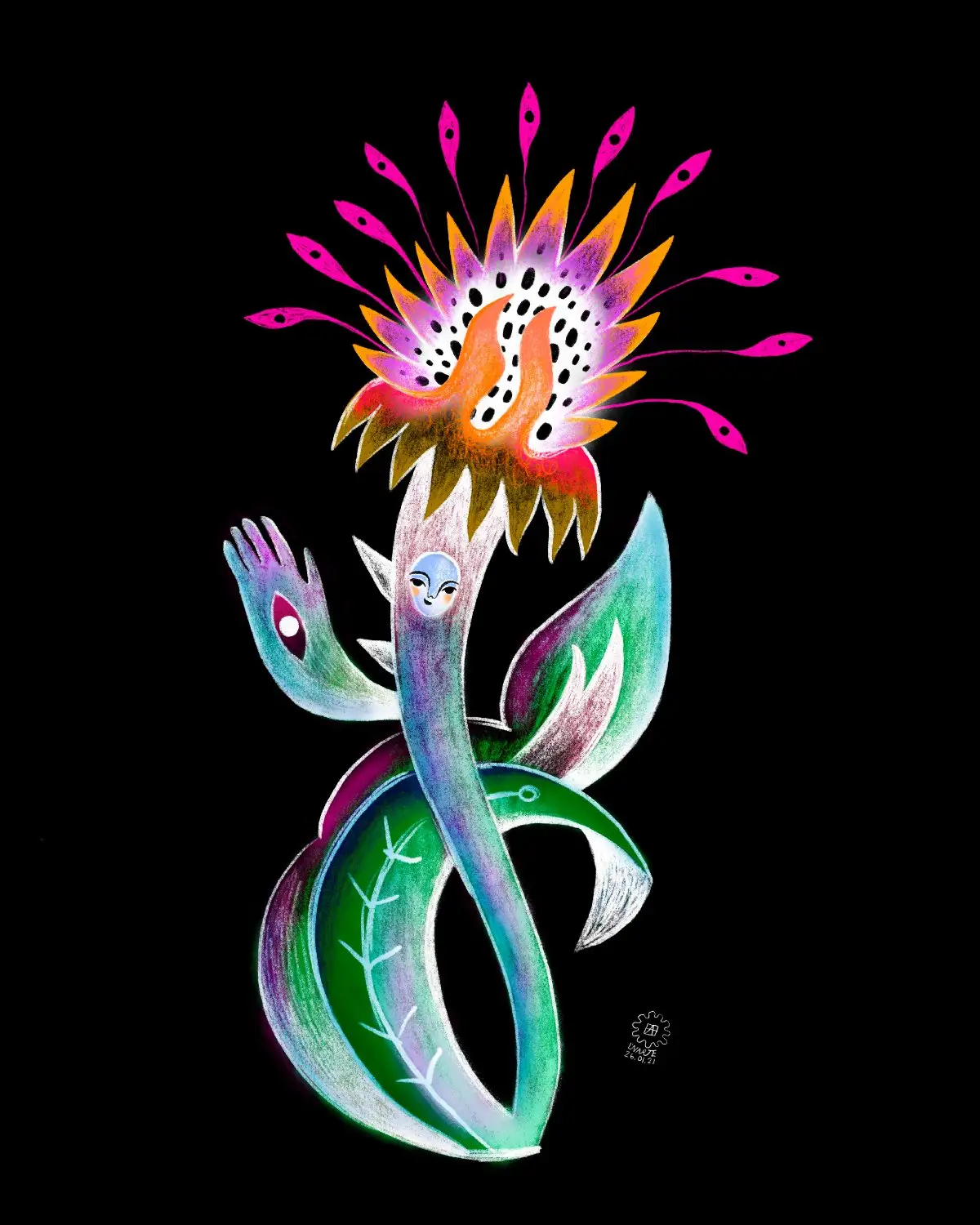 Dagens Blomma 26.01.21 — självlysande blomfigur mot svart botten, digital illustration av Amandah L'Narte